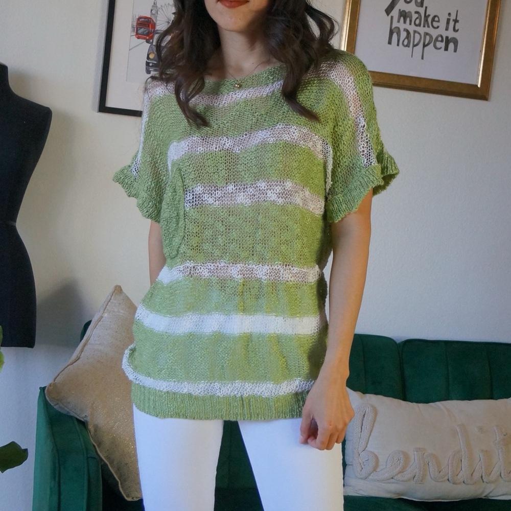 Fashion BLVD White & Green Oversized Knitted Short Sleeve Top Striped - Picture 4 of 8
